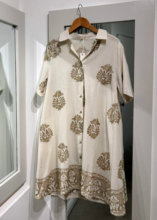 Cotton Shirt Dress With Gold Embroidery