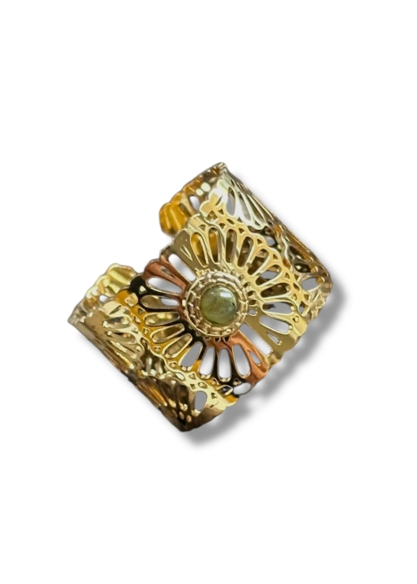 18ct Gold Plated Aventurine Band Adjustable Ring