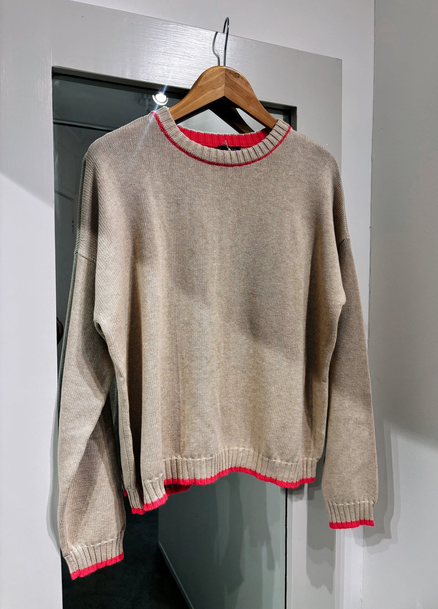Ochre Cornish Cotton Jumper Camel/Neon Pink