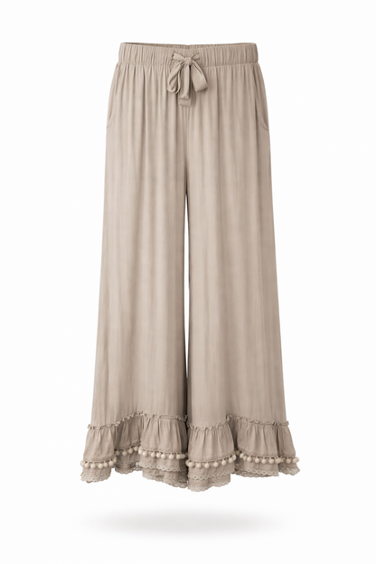 Woven Trousers With Pom Pom Edge Trim In Taupe