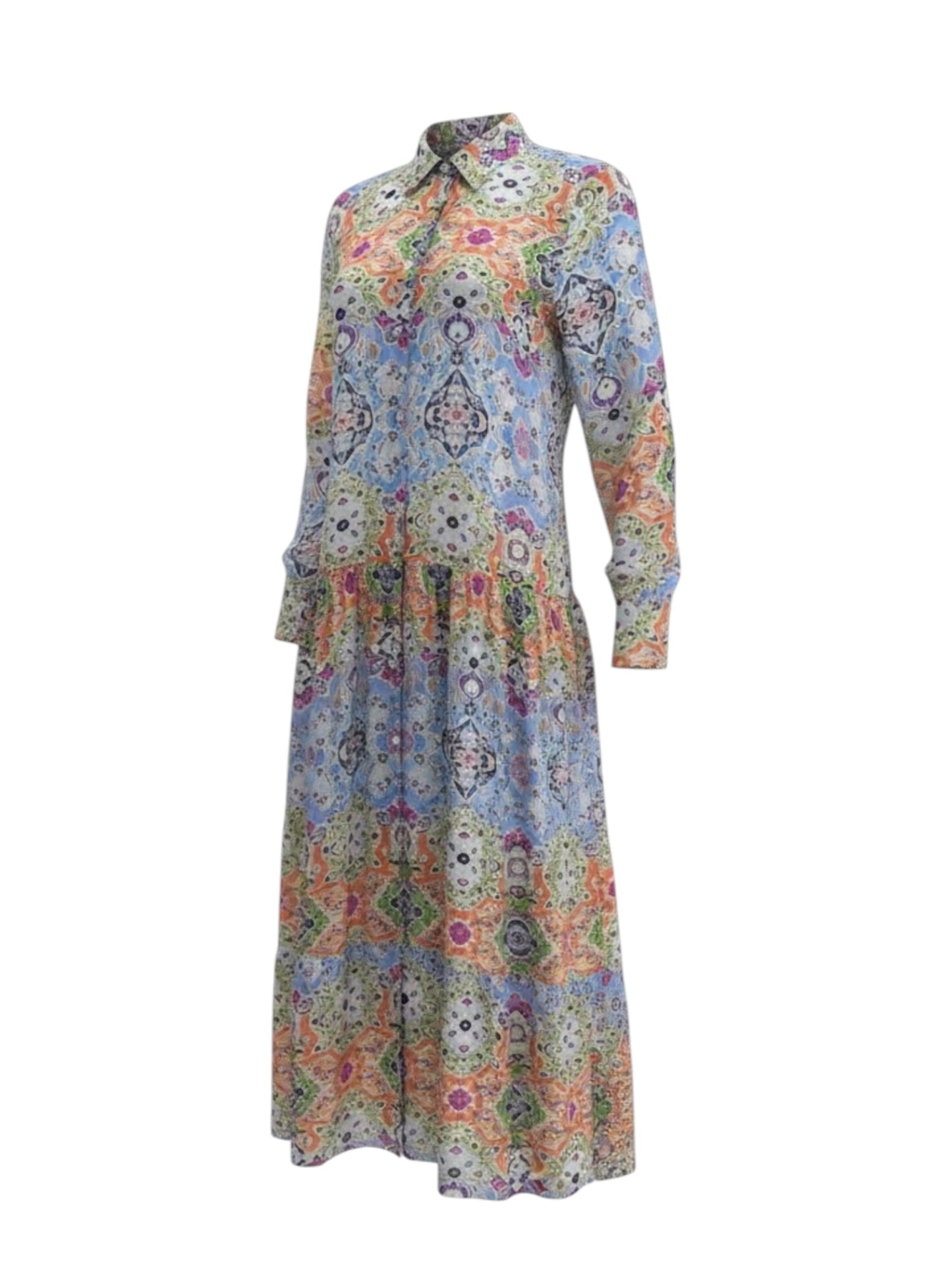 Blue Print Embellished Tiered Dress