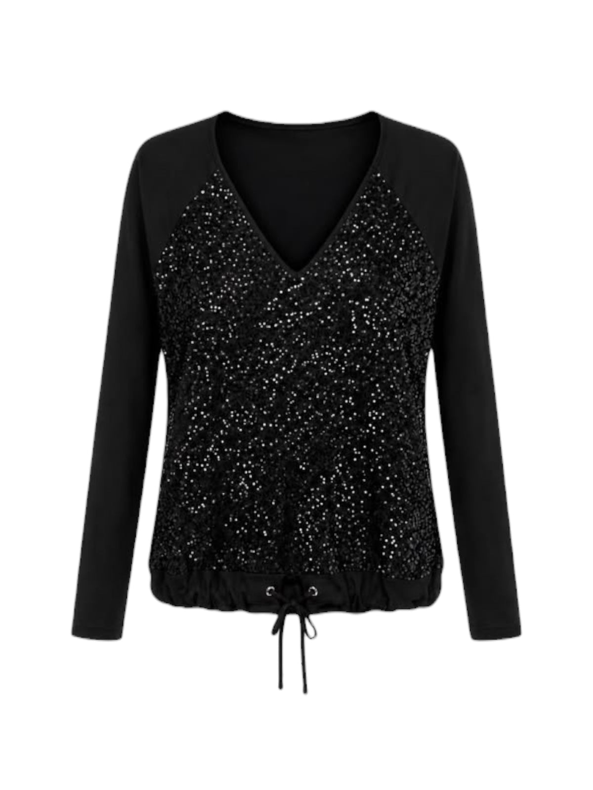 Malissa J Drawstring Front Sequin Front Top In Black