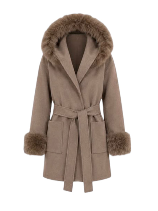 Malissa J Faux Fur Hood & Cuff Coat In Tan