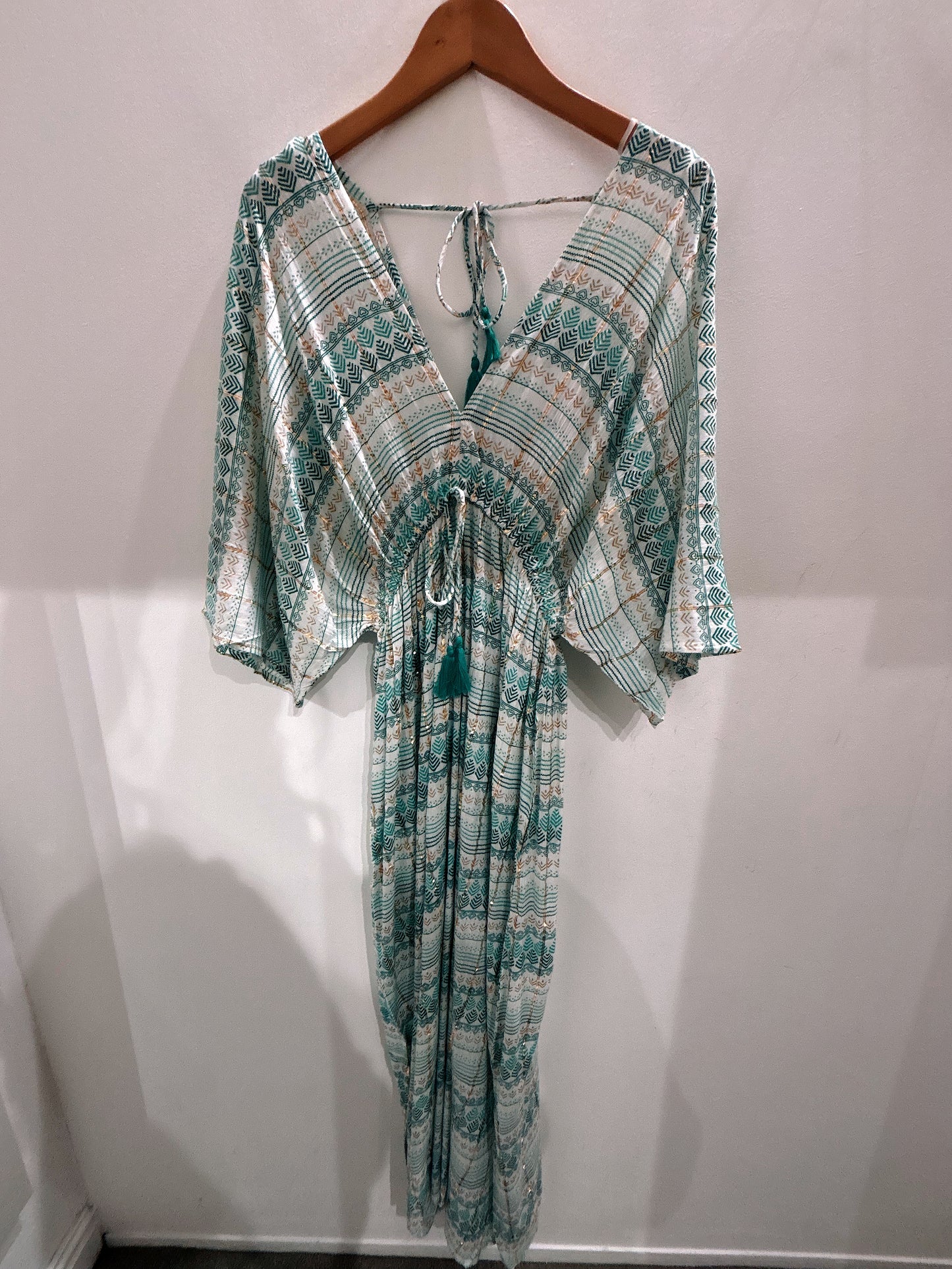 Ble Turquoise Metallic Thread Maxi Dress