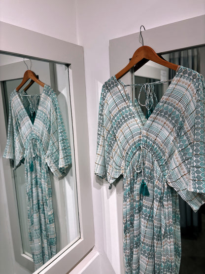 Ble Turquoise Metallic Thread Maxi Dress