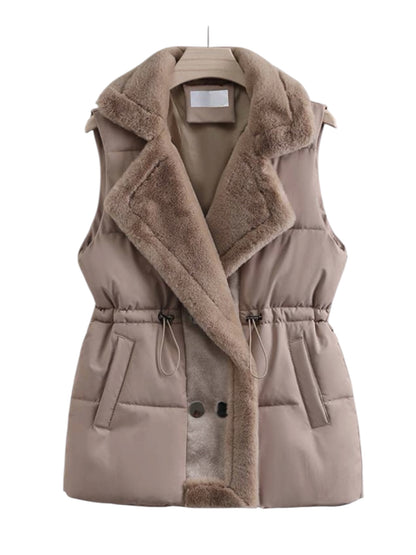 Faux Fur Trim Puffer Gilet In Taupe