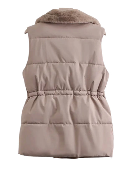 Faux Fur Trim Puffer Gilet In Taupe