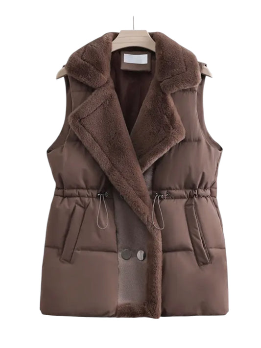 Faux Fur Trim Puffer Gilet In Brown