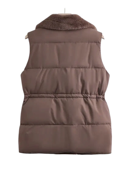 Faux Fur Trim Puffer Gilet In Brown