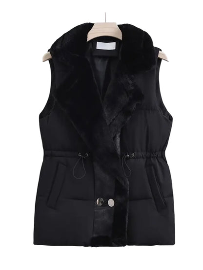 Faux Fur Trim Puffer Gilet In Black