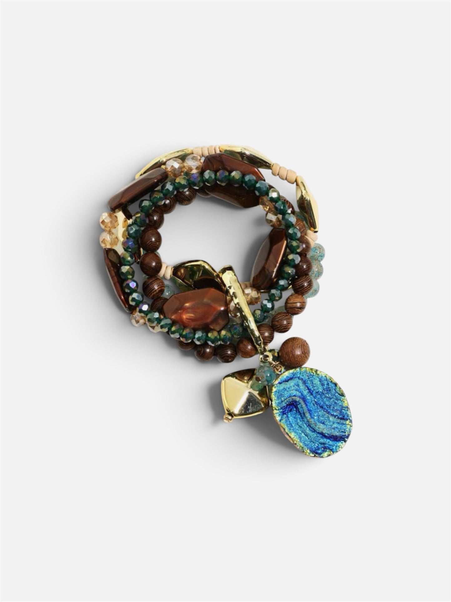 Multi Layered Bracelet With Natural Wood Charms
