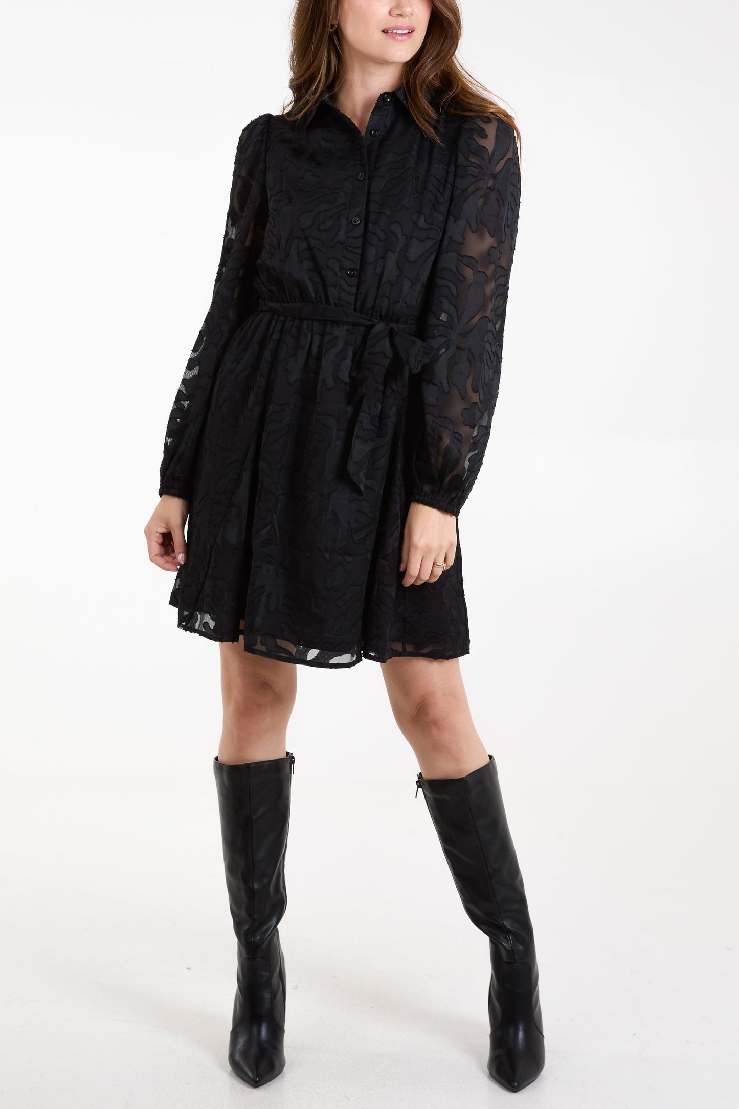 Black Jacquard Shirt Dress With Belt