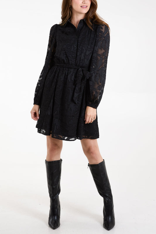 Black Jacquard Shirt Dress With Belt