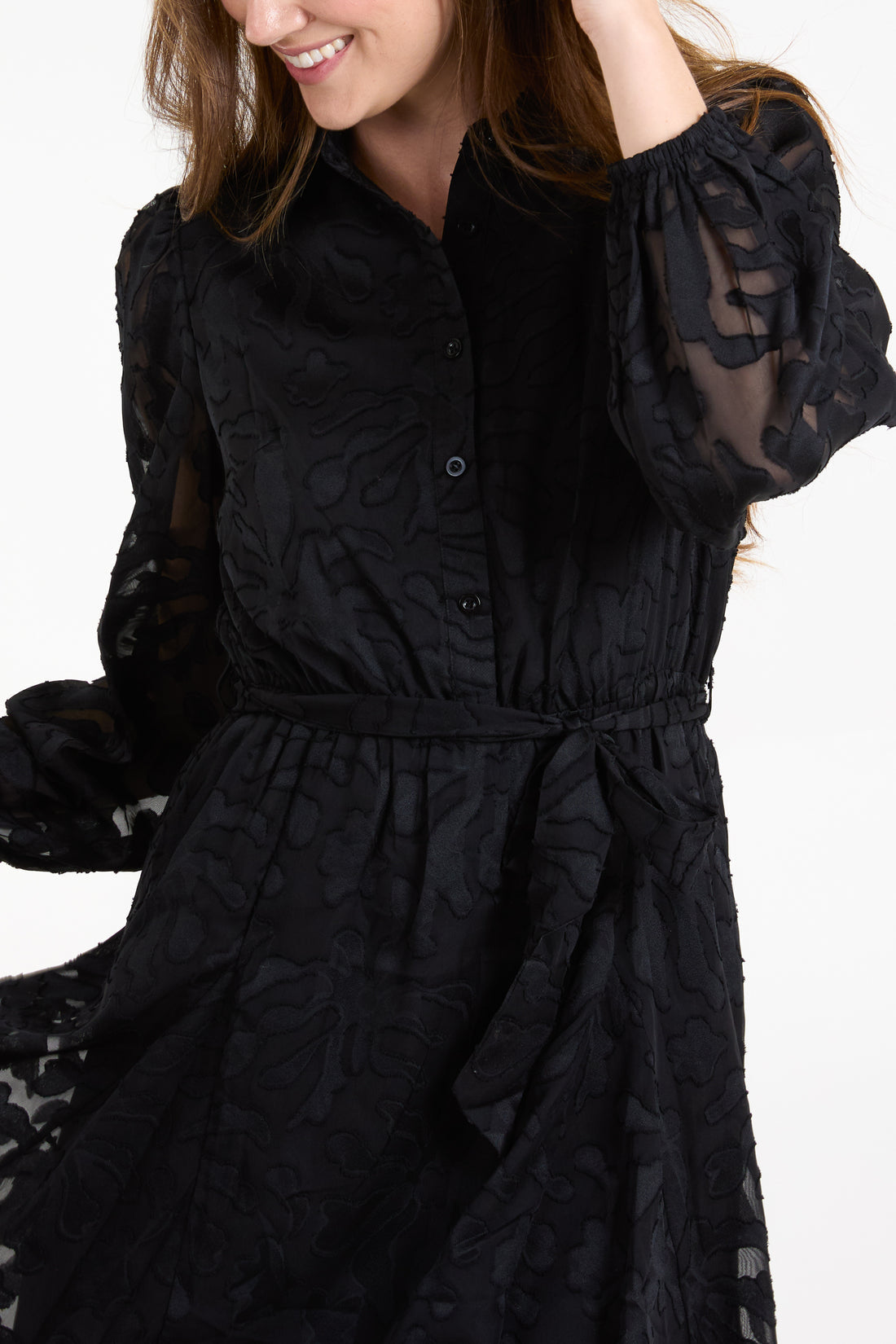 Black Jacquard Shirt Dress With Belt