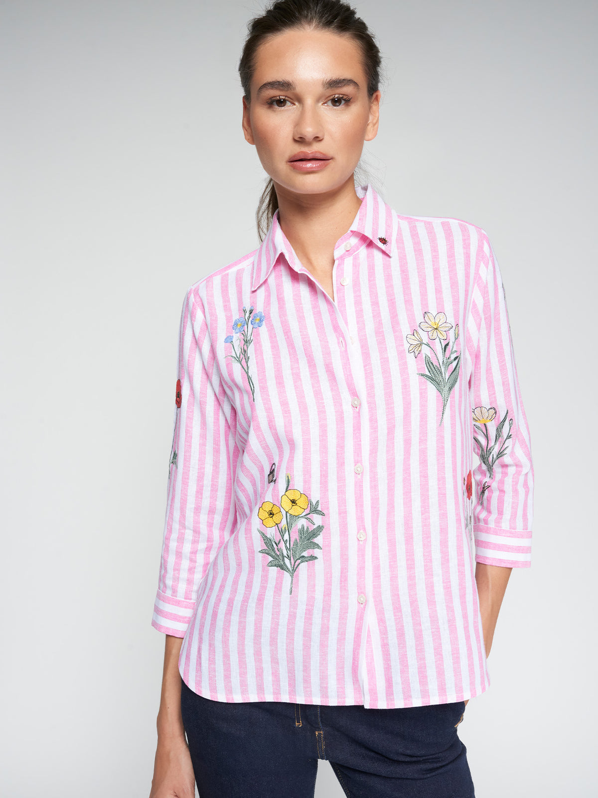 Vilagallo Pink Stripe Linen Shirt With Flowers