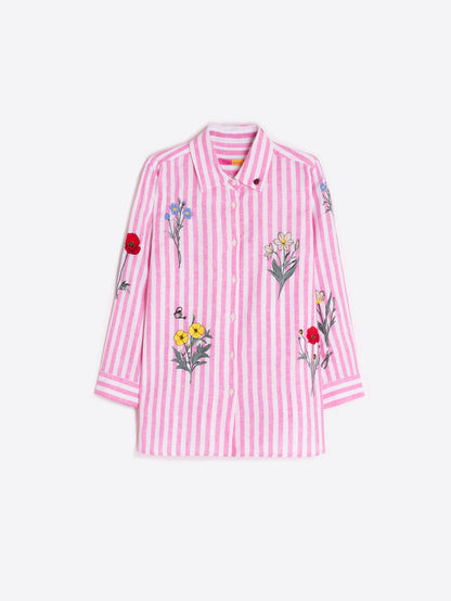 Vilagallo Pink Stripe Linen Shirt With Flowers