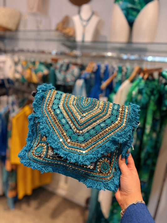 Turquoise & Gold Boho Clutch Bag