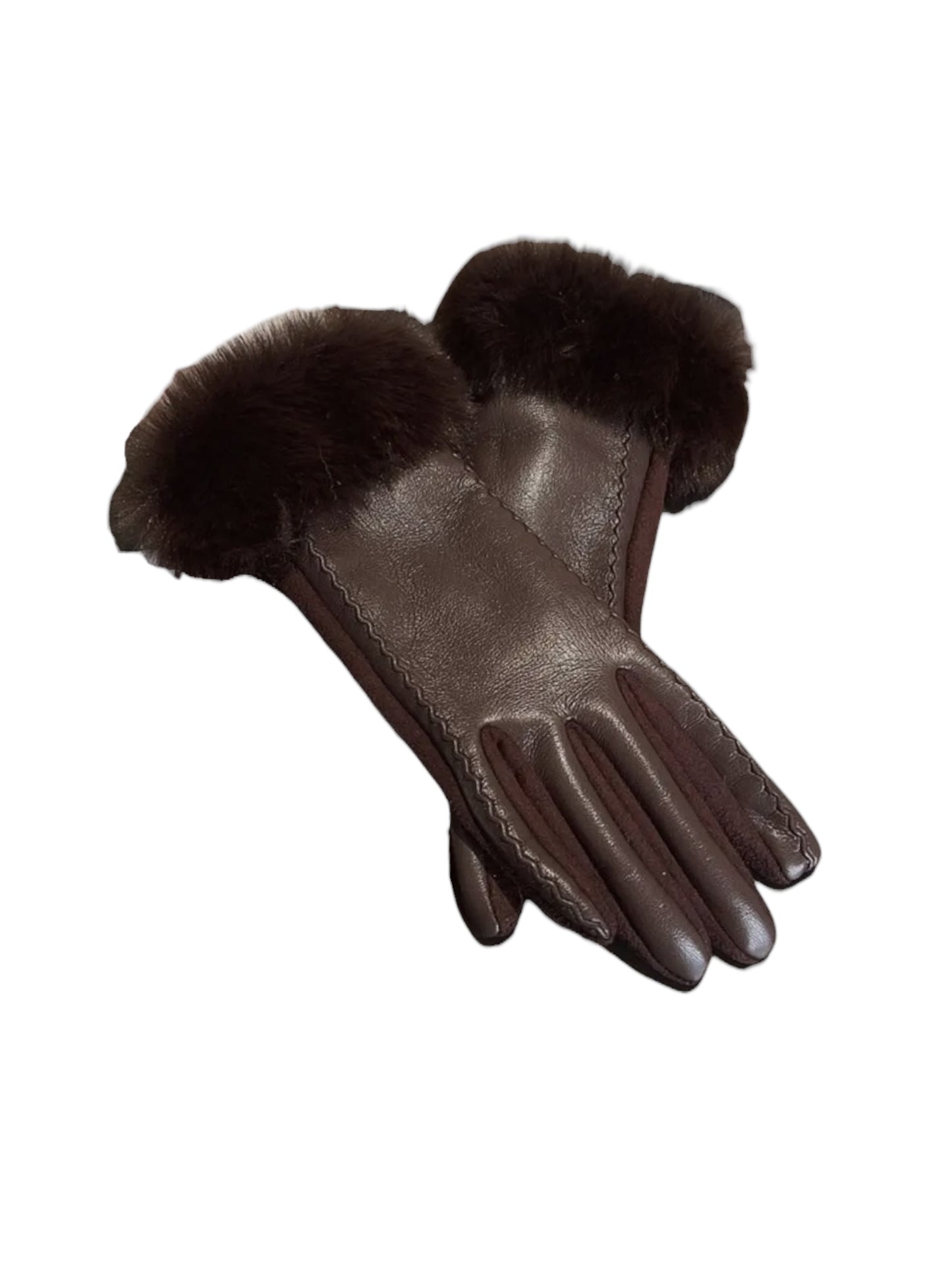 Brown Faux Leather Gloves With Faux Fur
