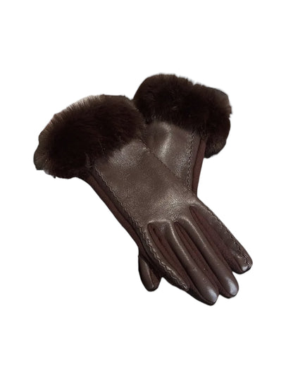 Brown Faux Leather Gloves With Faux Fur