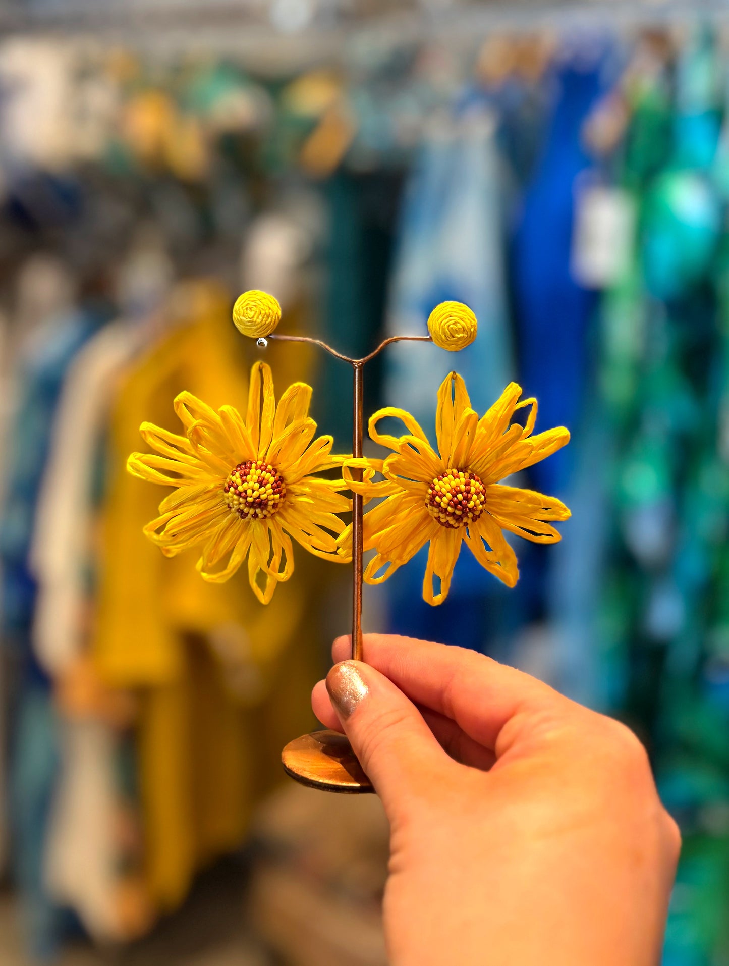 Yellow Raffia Beaded Sunflower Earrings