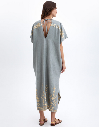Greek Archaic Kori Ios Midi Kaftan In Stone/Gold