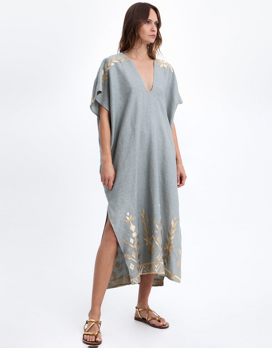 Greek Archaic Kori Ios Midi Kaftan In Stone/Gold