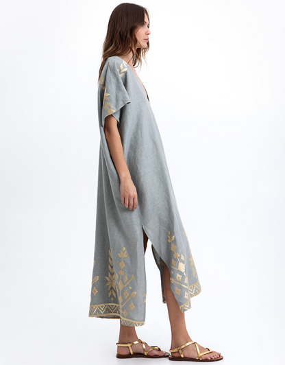 Greek Archaic Kori Ios Midi Kaftan In Stone/Gold