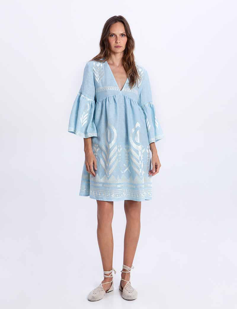 Free Archaic Kori Feather Embroidered Short Dress Baby Blue / Champaign
