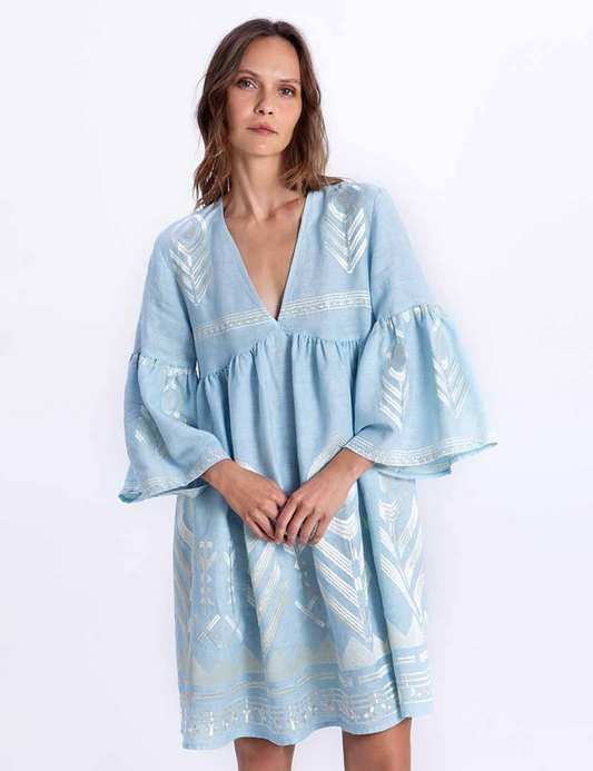 Free Archaic Kori Feather Embroidered Short Dress Baby Blue / Champaign