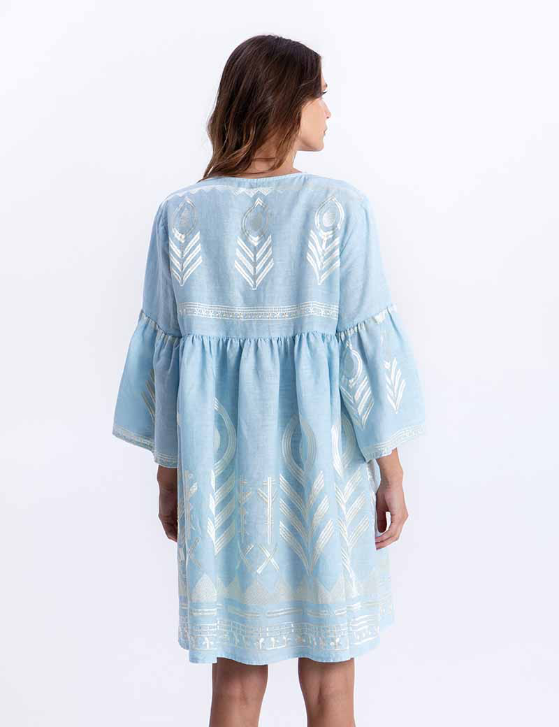 Free Archaic Kori Feather Embroidered Short Dress Baby Blue / Champaign