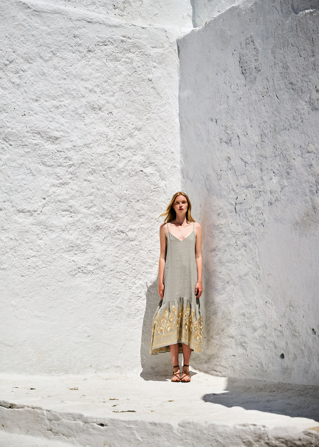 Greek Archaic Kori Strap Dress Sage / Gold Embroidery