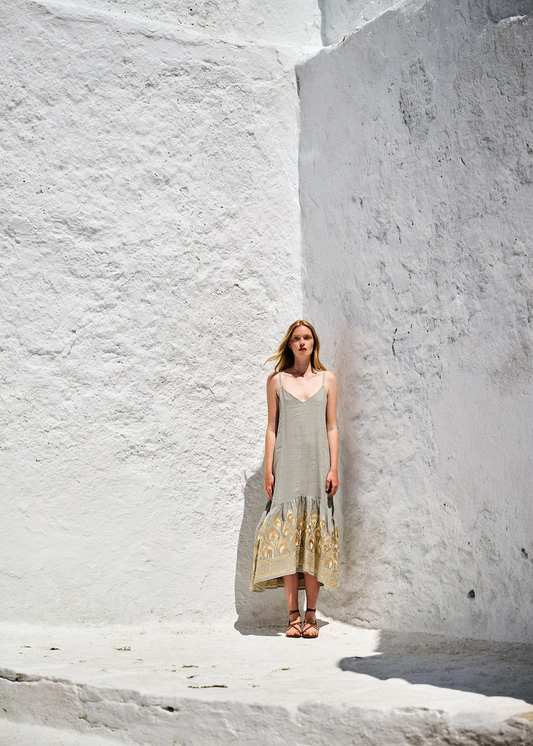 Greek Archaic Kori Strap Dress Sage / Gold Embroidery