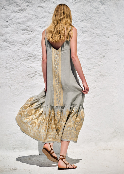 Greek Archaic Kori Strap Dress Sage / Gold Embroidery