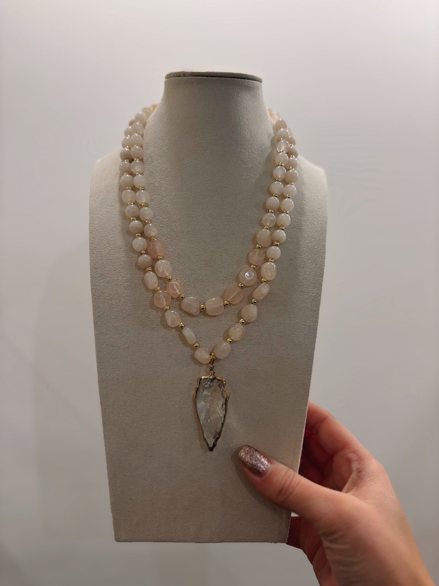 Double Layer Pink Stone Necklace With Pendant