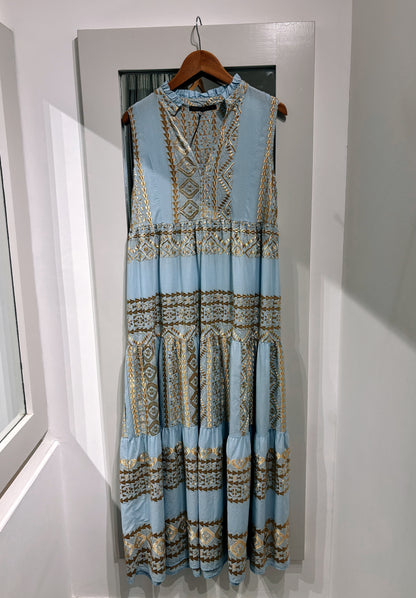 Greek Archaic Kori Cotton Embroidered Maxi Dress Baby Blue/ Gold