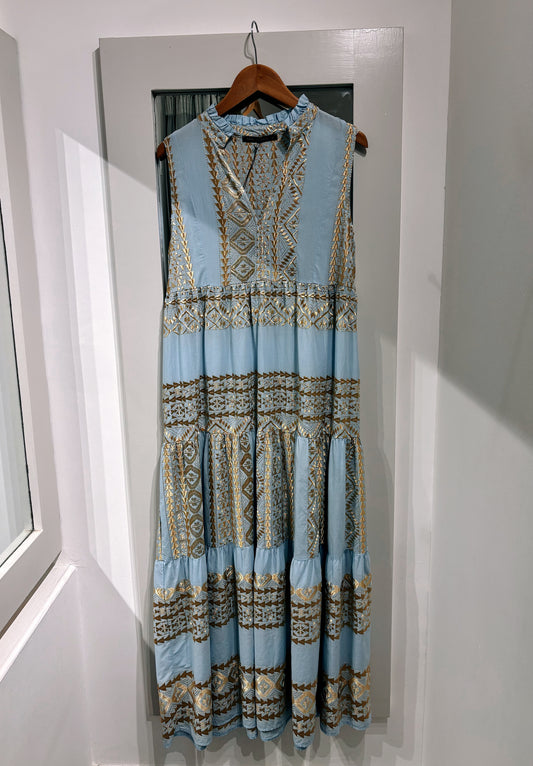 Greek Archaic Kori Cotton Embroidered Maxi Dress Baby Blue/ Gold