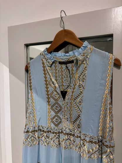 Greek Archaic Kori Cotton Embroidered Maxi Dress Baby Blue/ Gold