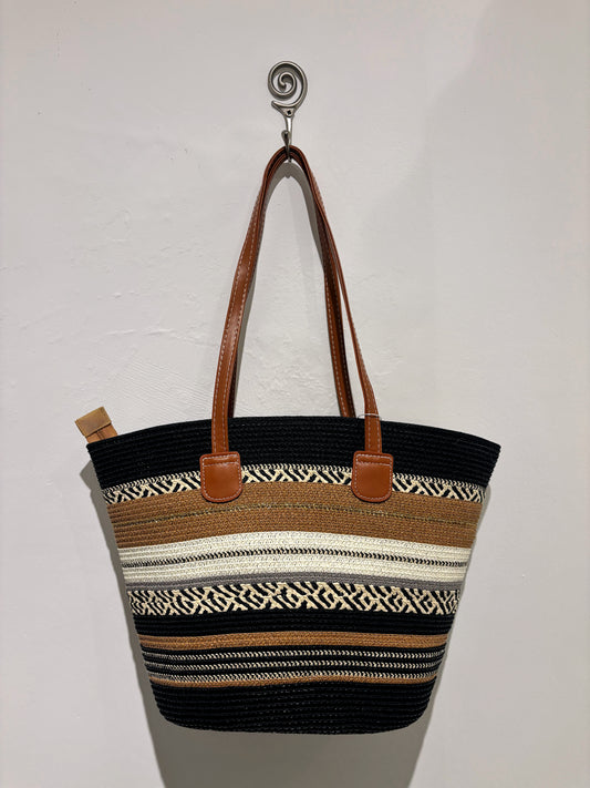 Beach Bag With Metallic Stripes Black/Multi
