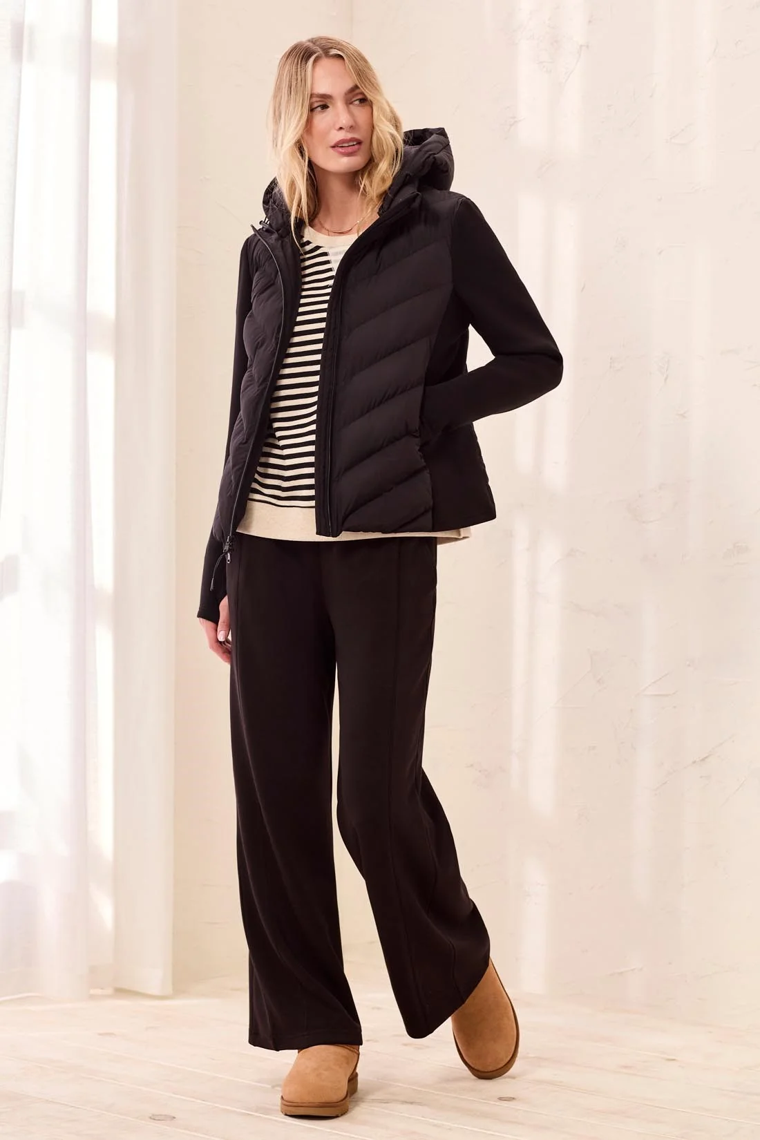 TRIBAL Water Repellent Hybrid Puffer Jacket With Hood In Black