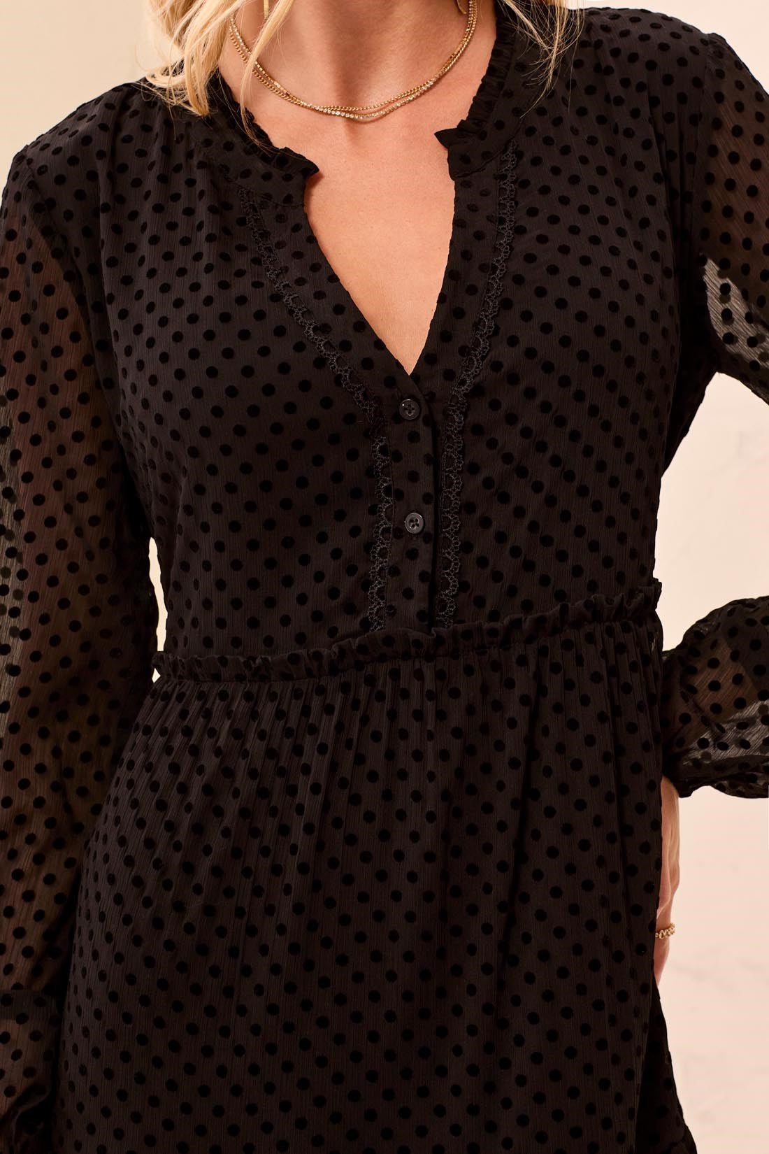 TRIBAL Black Polka Dot Chiffon Tiered Dress