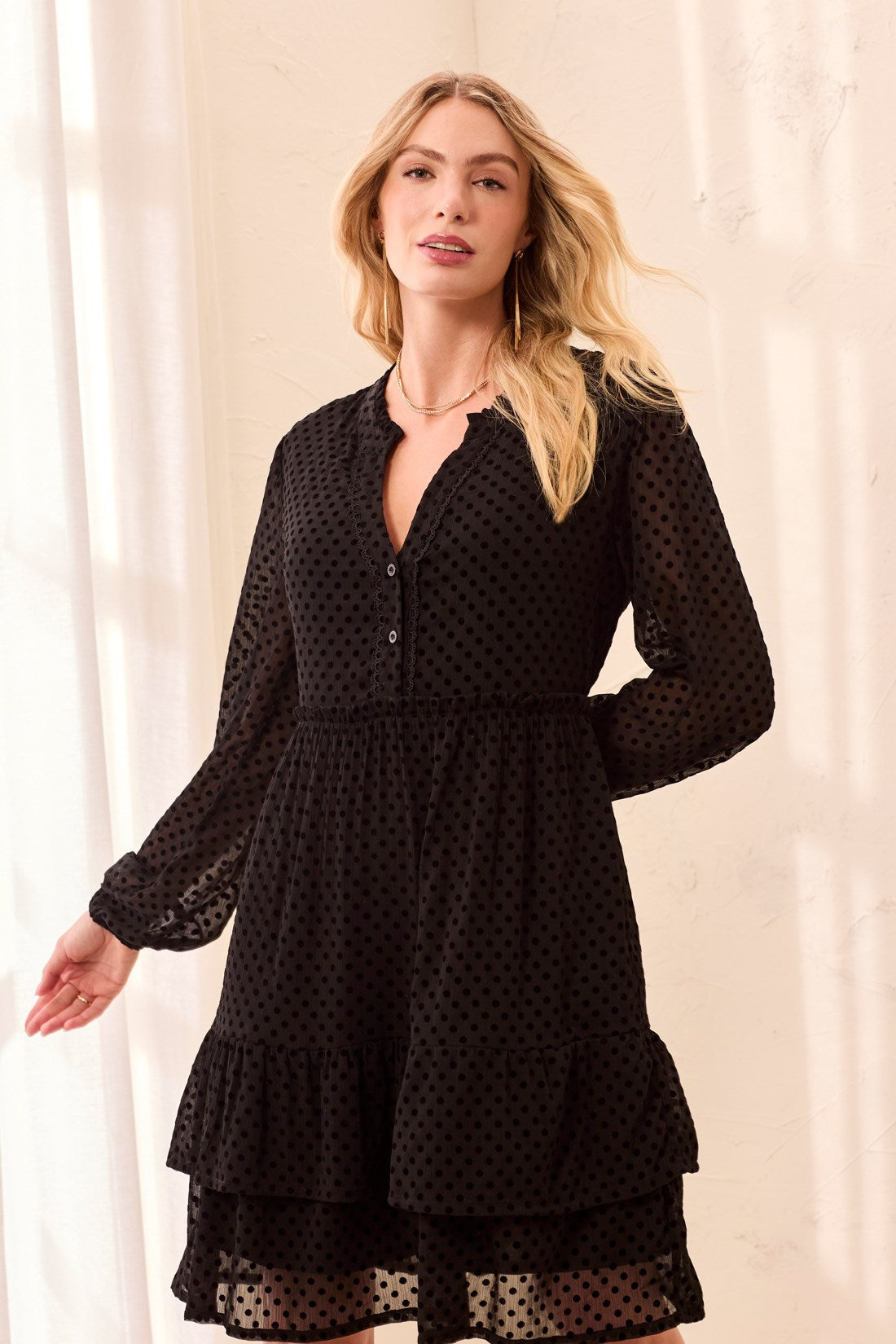 TRIBAL Black Polka Dot Chiffon Tiered Dress