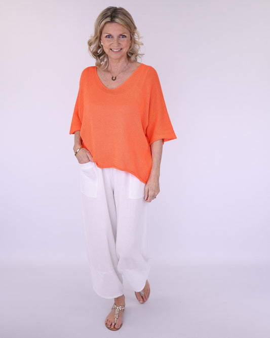 Cadenza Cotton Blend  V-Neck Tunic Top In Orange