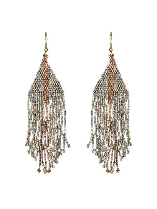 Silver & Bronze Triangle Beaded Fringe Earrings