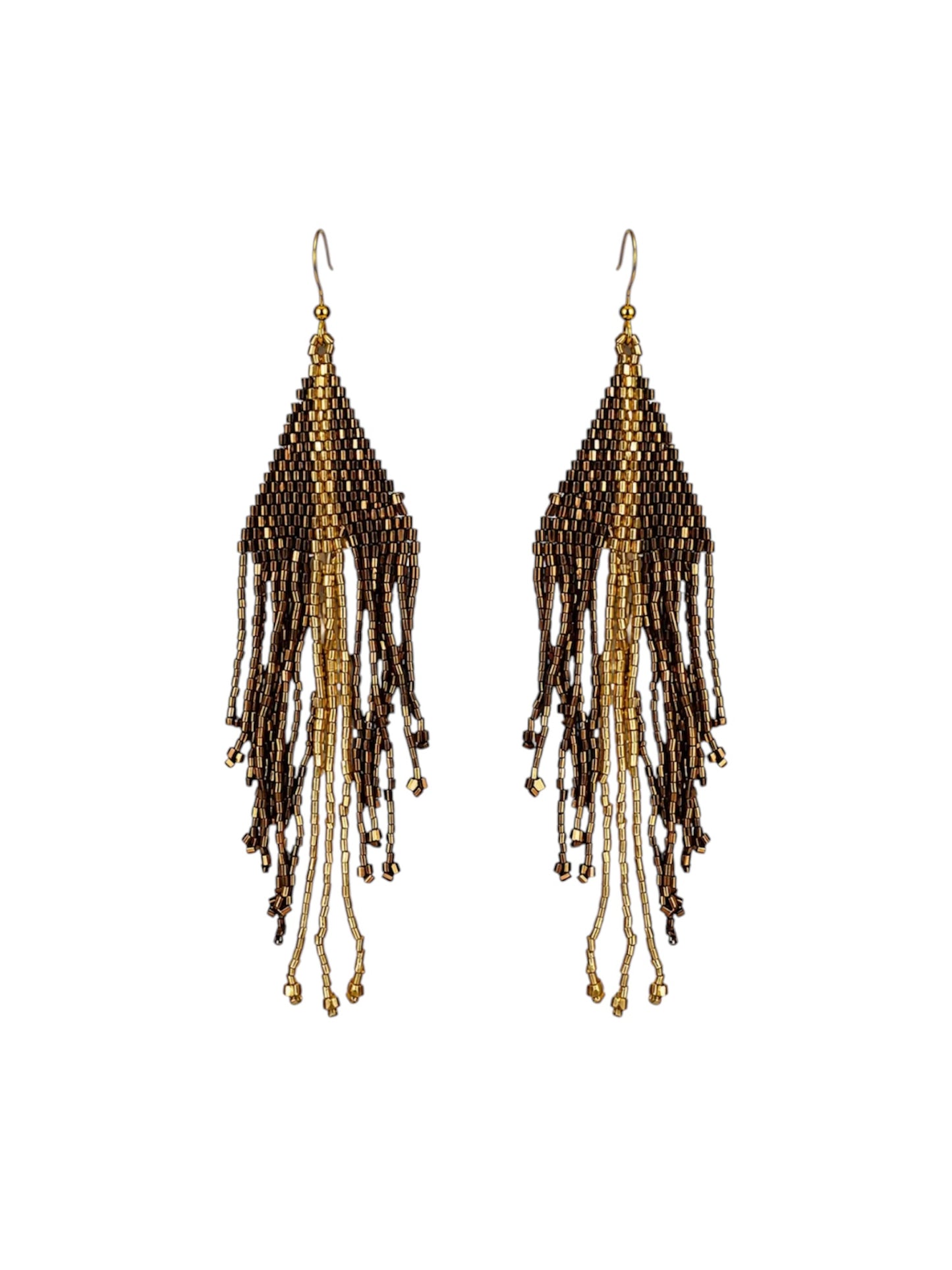 Bronze & Gold Triangle Beaded Fringe Earrings