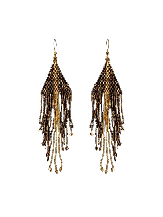 Bronze & Gold Triangle Beaded Fringe Earrings