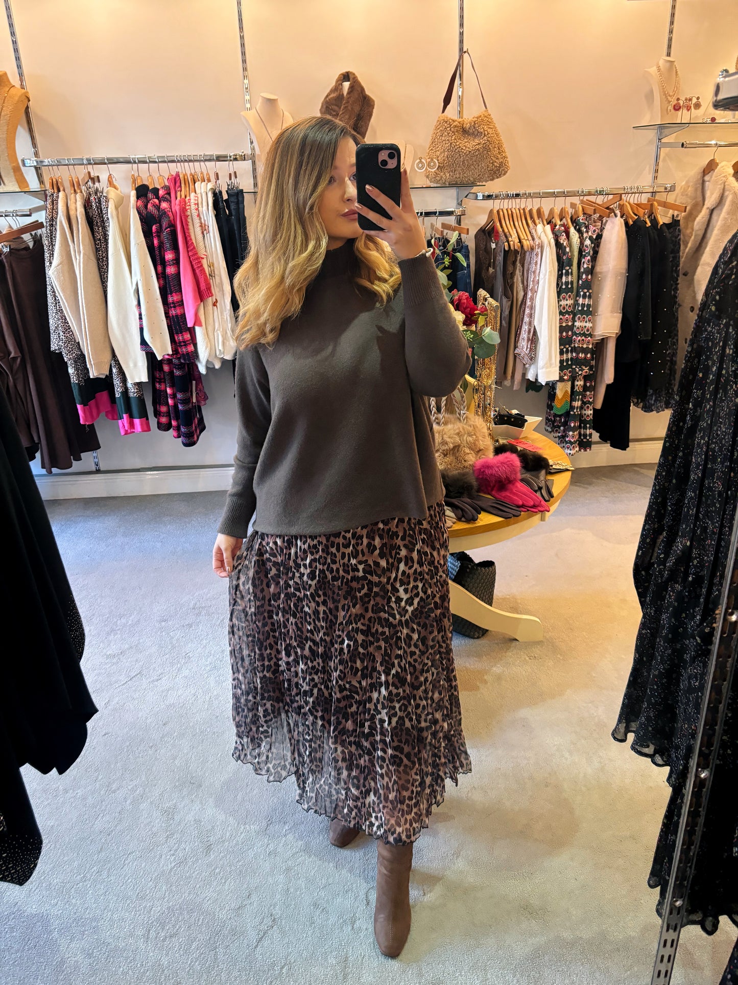 Leopard Print Pleated Maxi Skirt In Brown