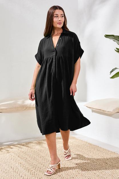 TRIBAL CRINKLE GAUZE SHORT SLEEVE EMPIRE WAIST MIDI DRESS