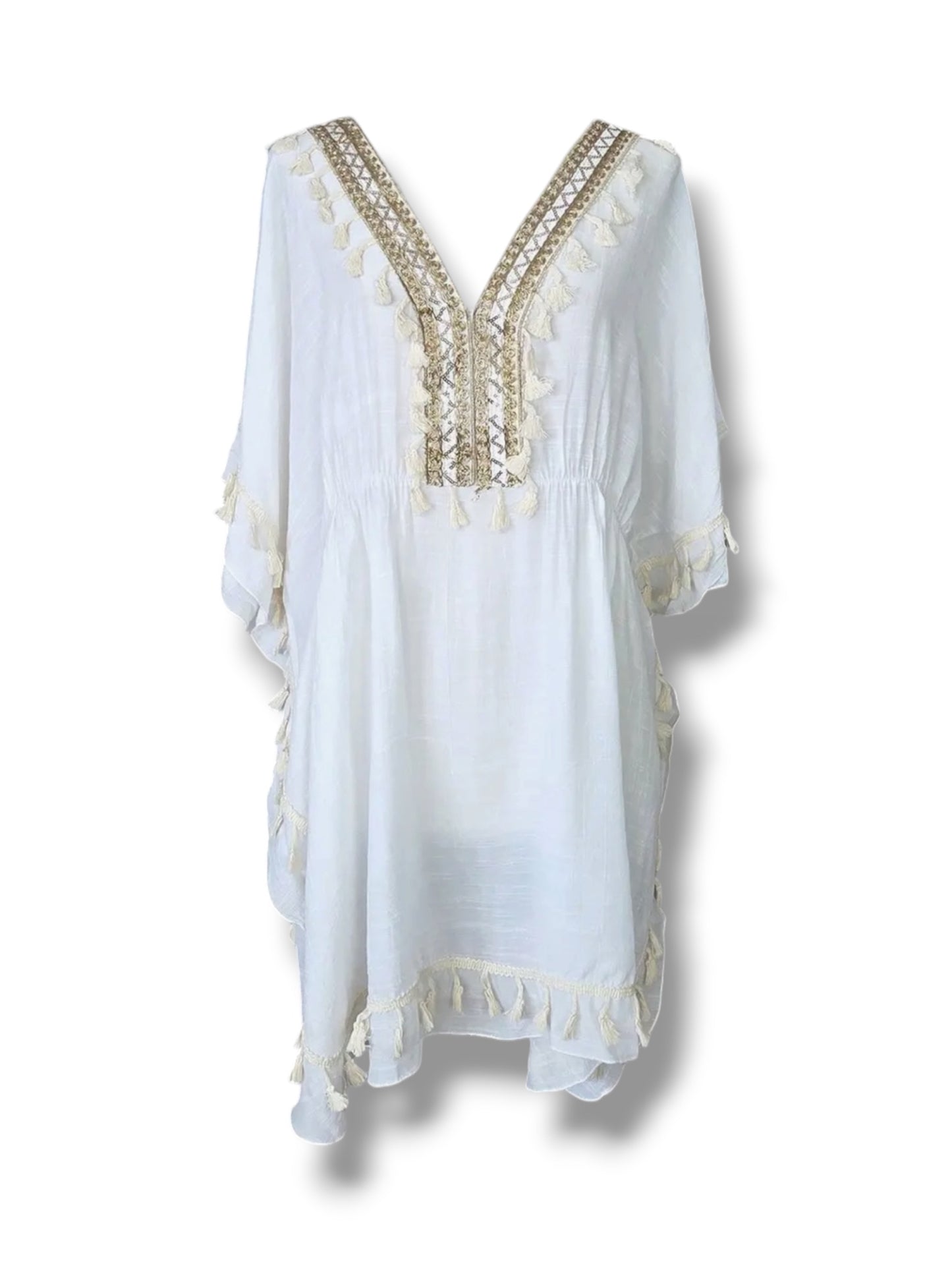 White Kaftan With Gold Embroidery & Tassel Detailing
