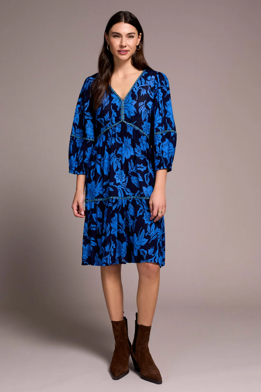 TRIBAL PRINTED JACQUARD EMBROIDERED V-NECK DRESS
