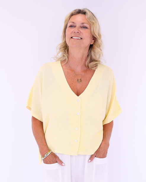 Linen and Cotton Blend Short Sleeve Cardi In Yellow